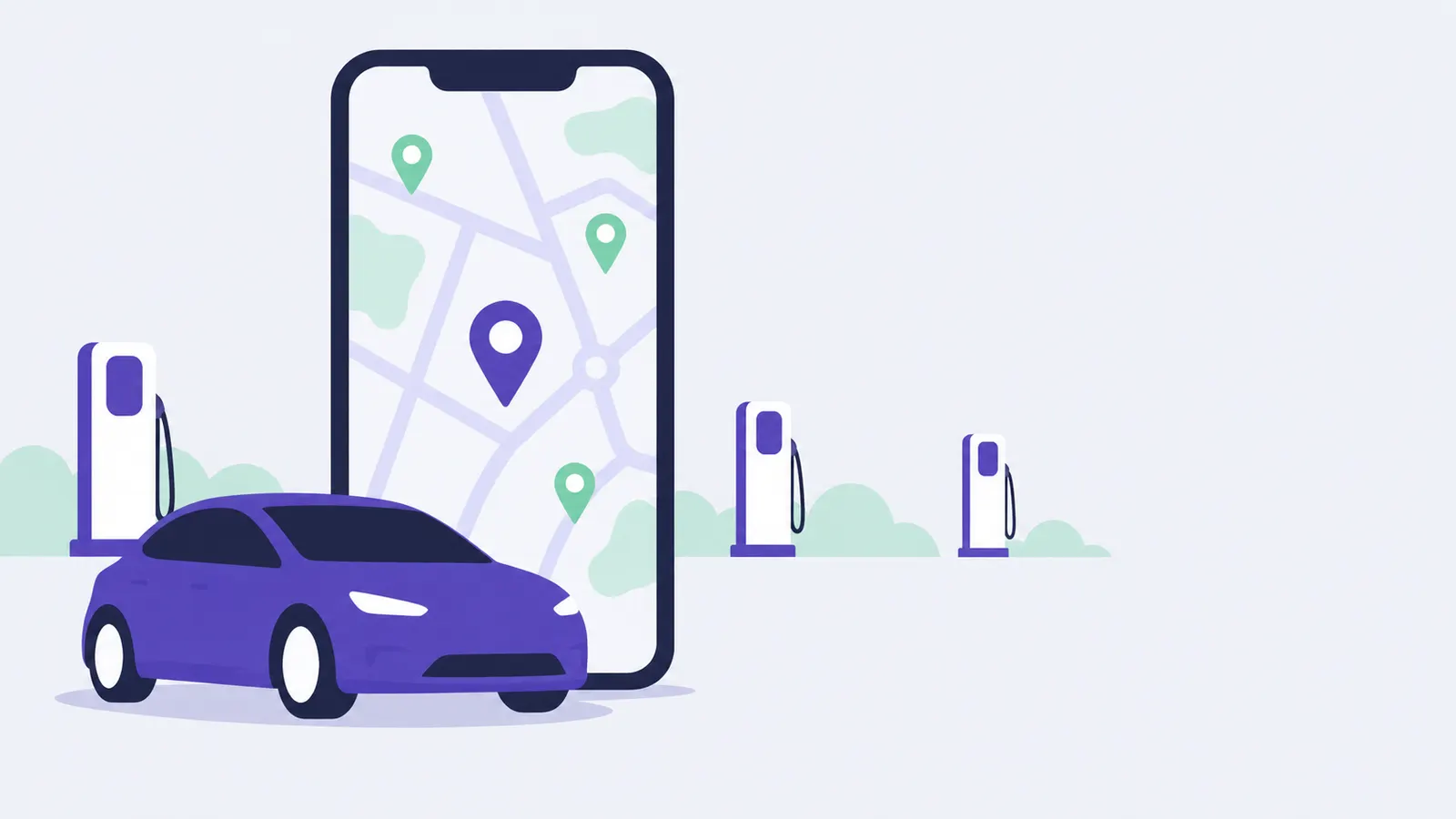 Teléfono con un mapa abstracto y pines de ubicación frente a varios cargadores eléctricos.