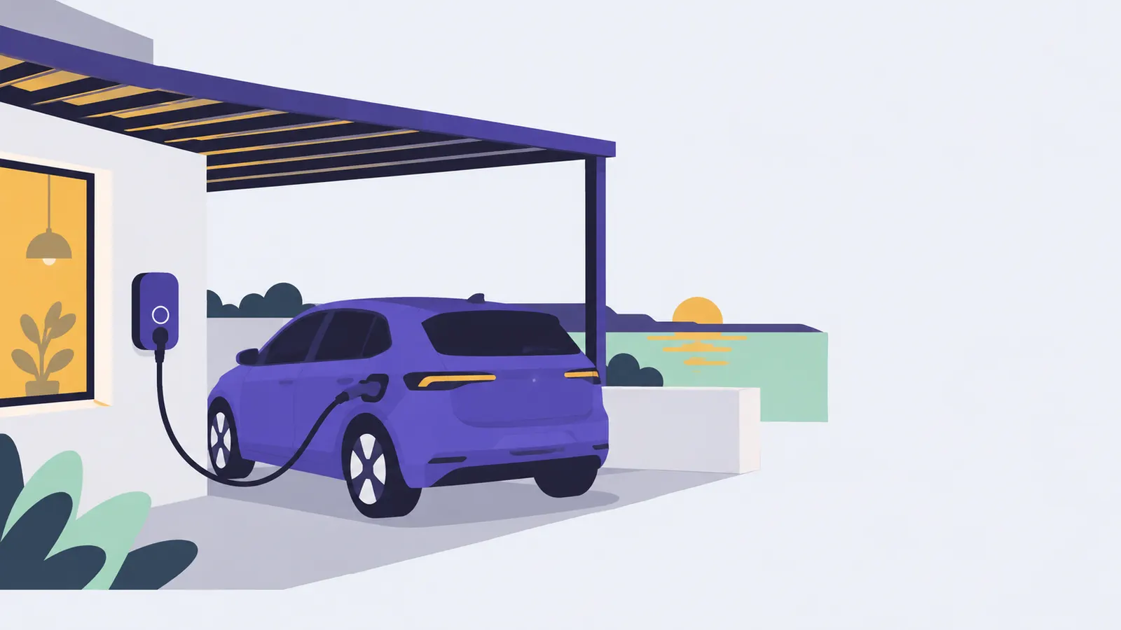 Auto eléctrico conectado a un cargador de pared en una cochera al atardecer.