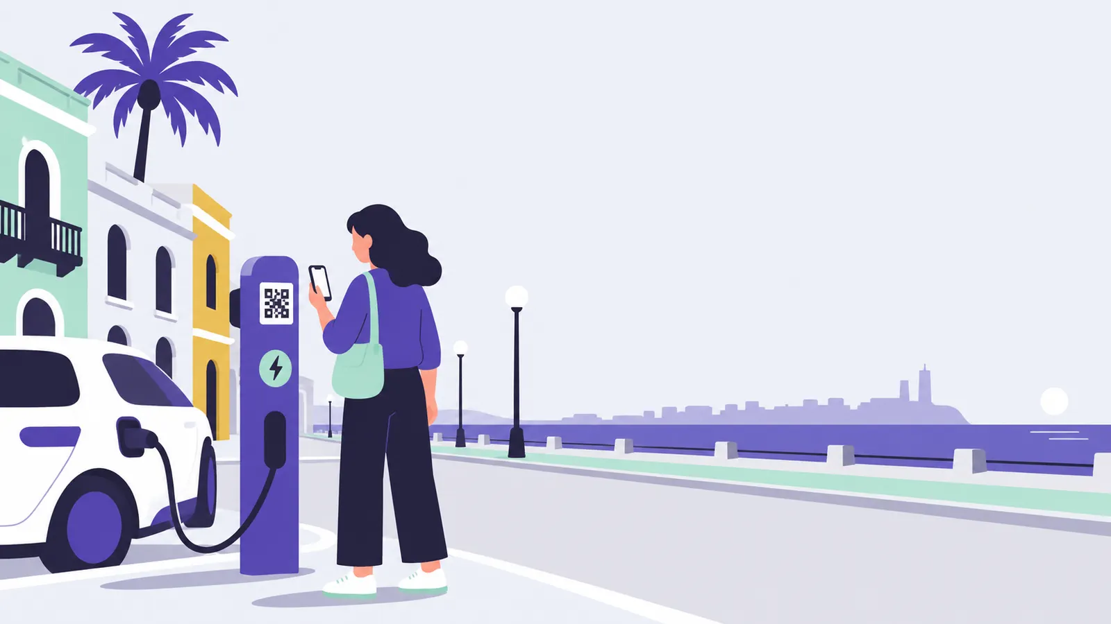 Persona escaneando con su teléfono el código de un cargador público con un auto conectado en una calle uruguaya.